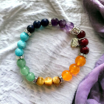 Jena Jewelry Chakra Stretch Bracelet with colorful jade, tiger eye, aventurine, lapis, amethyst, hematite beads and heart charm.