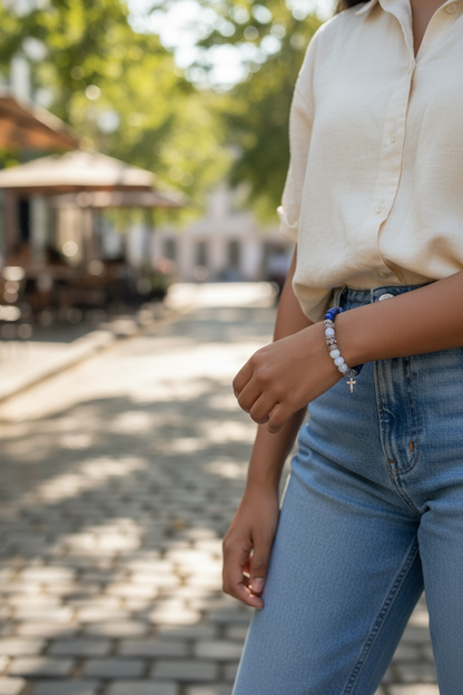 Rosary Bracelet with Snow Jade, Lapis & Sandalwood Mala