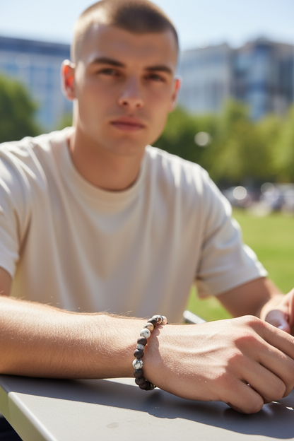 “Say It With Code” Bracelet – ‘I Love You’ Morse Code with Coffee Jasper, Ebony Mala & Hematite