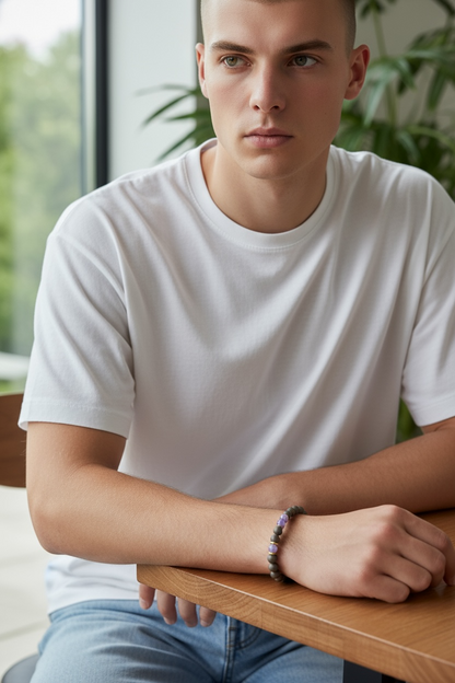 Amethyst, Ebony Mala & Hematite Stretch Bracelet – Intuition, Protection & Calm