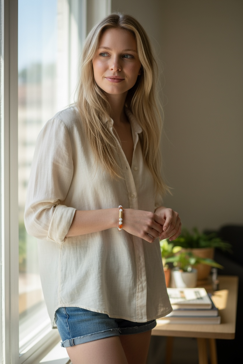 Carnelian, Snow Jade & Hematite Stretch Bracelet – Grounded Confidence & Calming Clarity