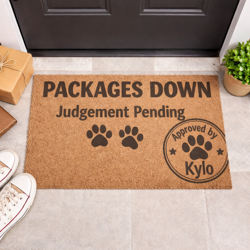 Doormat — "Packages Down, Judgement Pending" Paw-Print Welcome Mat