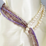 Pearl and Lilac Jade Lariat Necklace with Faux Rhinestone Heart Button