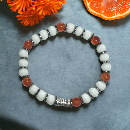 Carnelian Stretch Bracelet with Snow Jade and Hematite – Transformative Energy and Positivity