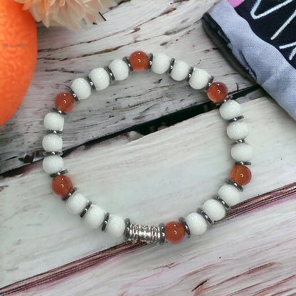 Carnelian Stretch Bracelet with Snow Jade and Hematite – Transformative Energy and Positivity