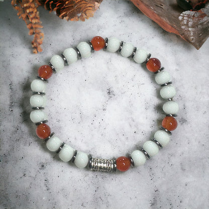 Carnelian Stretch Bracelet with Snow Jade and Hematite – Transformative Energy and Positivity