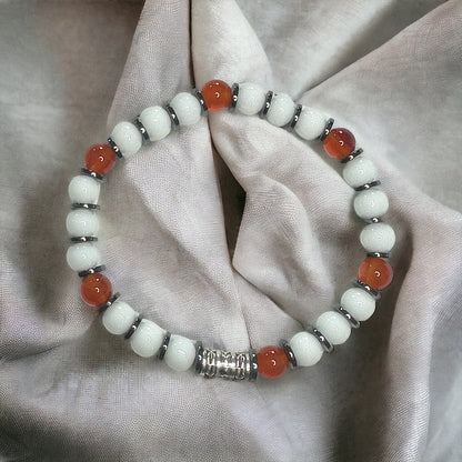 Carnelian Stretch Bracelet with Snow Jade and Hematite – Transformative Energy and Positivity