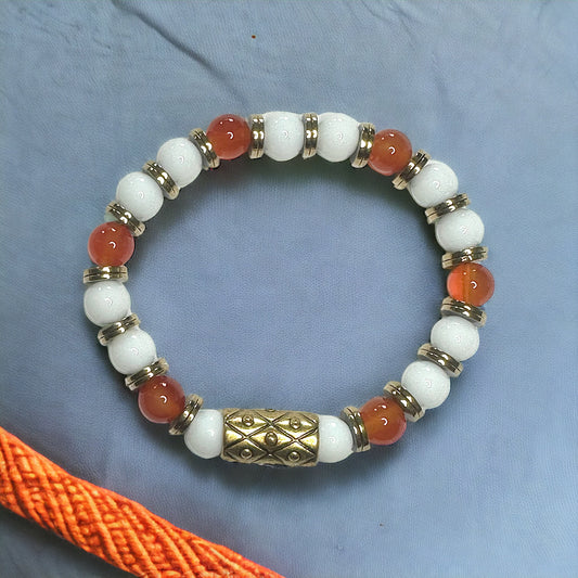 Stretch Bracelet | Orange Red Carnelian, Snow Jade, and Hematite