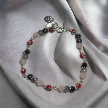 Evil Eye Protection Bracelet with Amethyst and Rose Quartz – Shield Against Negativity