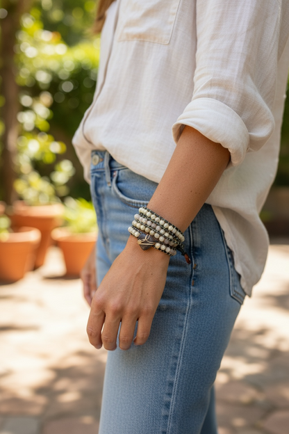 Leather-Wrapped Bracelet with Freshwater Pearls, Amethyst & Coconut Button