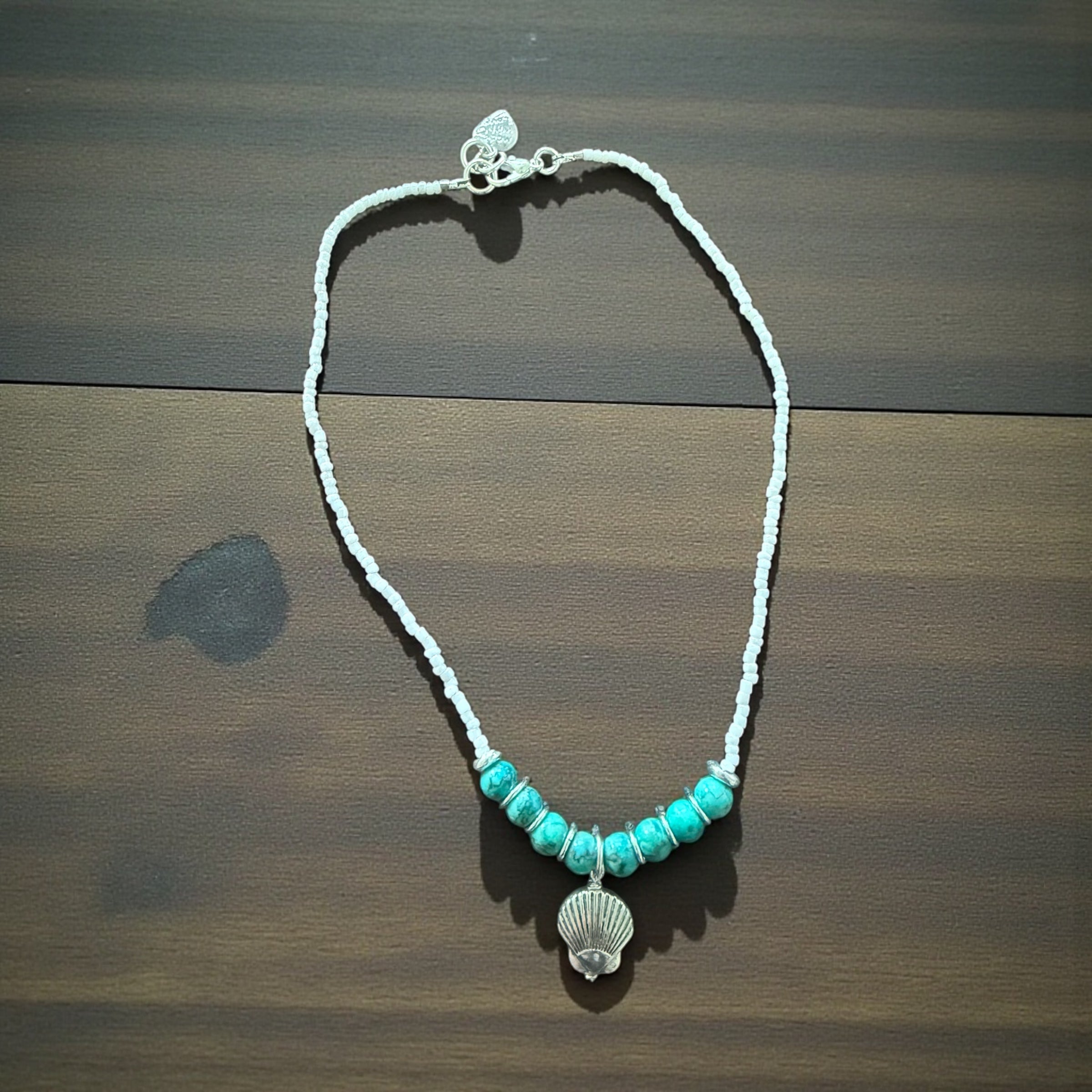Turquoise & White Seed Bead Necklace with Seashell Charm – Coastal Calm & Ocean Energy