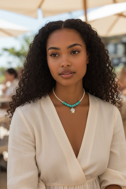 Turquoise & White Seed Bead Necklace with Seashell Charm – Coastal Calm & Ocean Energy