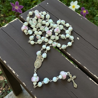 Snow Jade & Antique Floral Lampwork Rosary – A Devotional Blend of Tranquility, Grace & Timeless Beauty