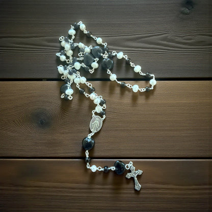 Freshwater Pearl, Black Onyx & Porcelain Heart Rosary – A Sacred Journey of Strength, Grace & Devotion