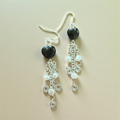 Black Porcelain Heart & Freshwater Pearl Chainmaille Earrings – Strength, Grace & Handcrafted Balance