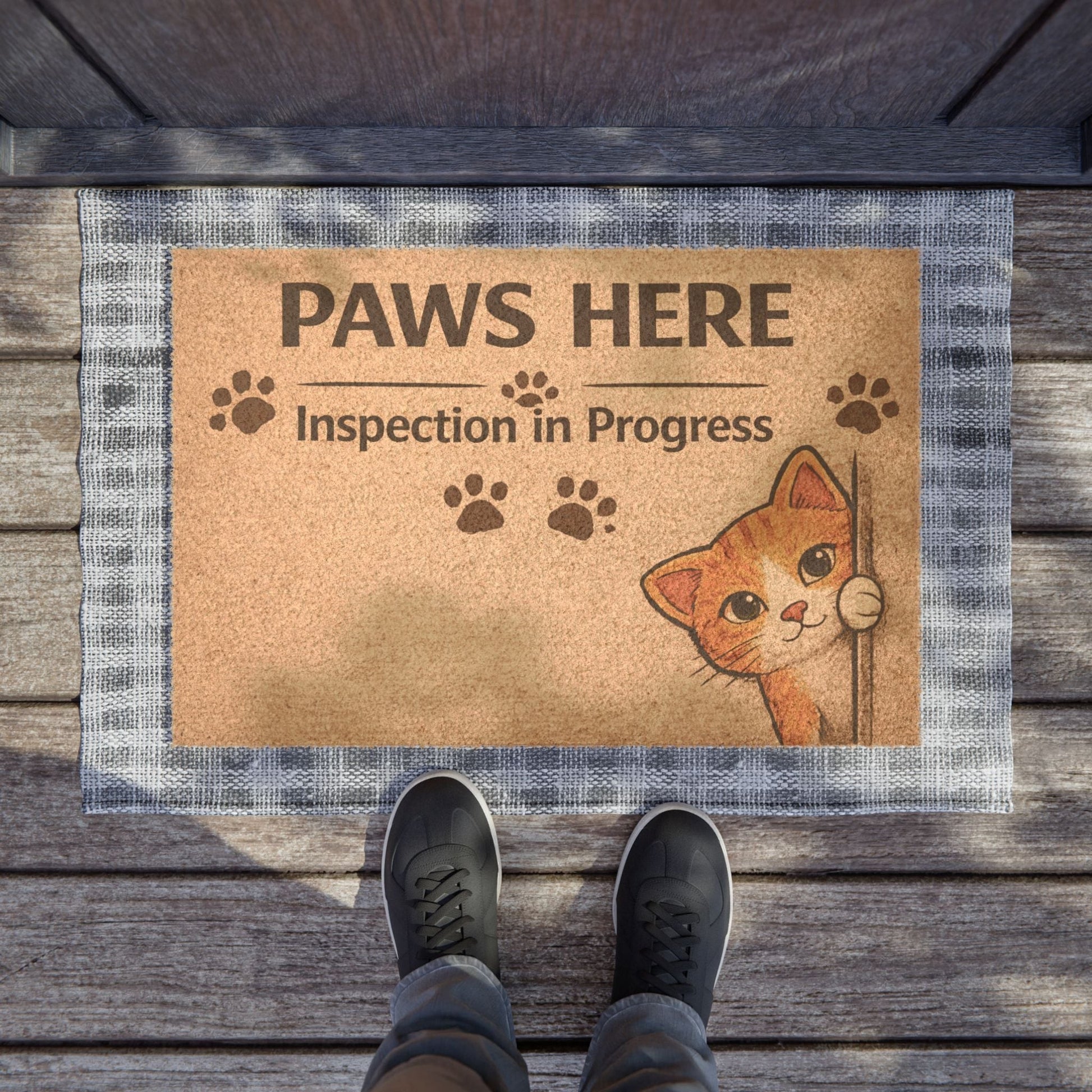 Playful cat-themed doormat with a fun inspection message, ideal for creating a welcoming and lighthearted entryway.