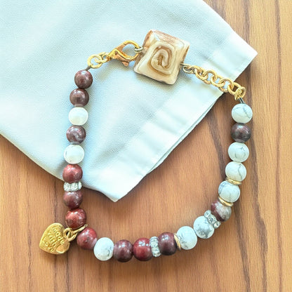 Red Jade & Howlite Gold-Tone Bracelet with Rhinestones | Size 7"