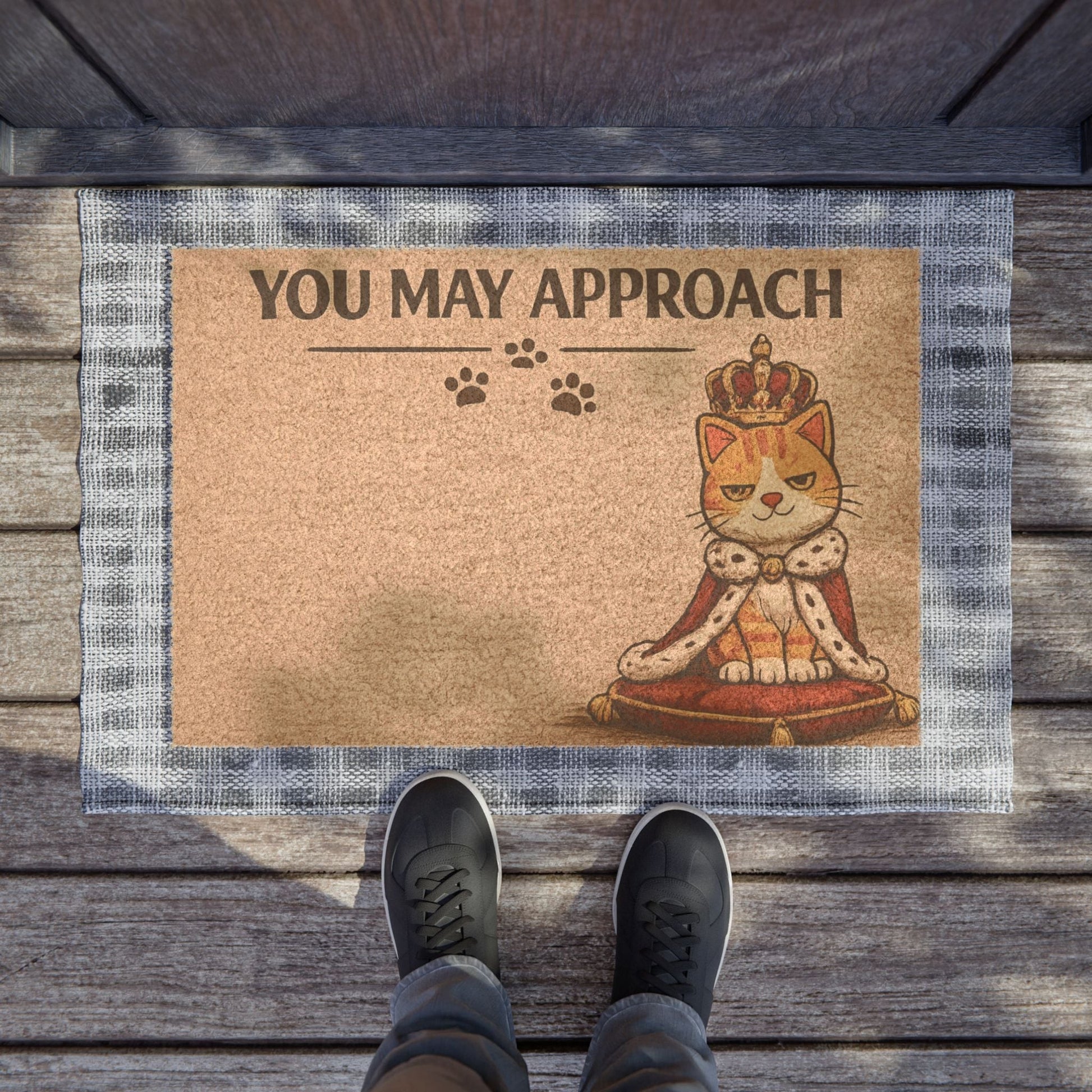 Sassy cat-themed doormat with a bold “You May Approach” phrase, ideal for adding humor and attitude to your home decor.