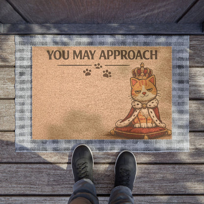 Sassy cat-themed doormat with a bold “You May Approach” phrase, ideal for adding humor and attitude to your home decor.