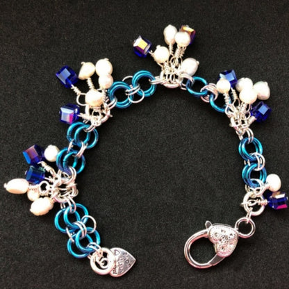 Silver-Plated and Niobium Chainmaille Bracelet with Freshwater Pearls and Blue Crystals