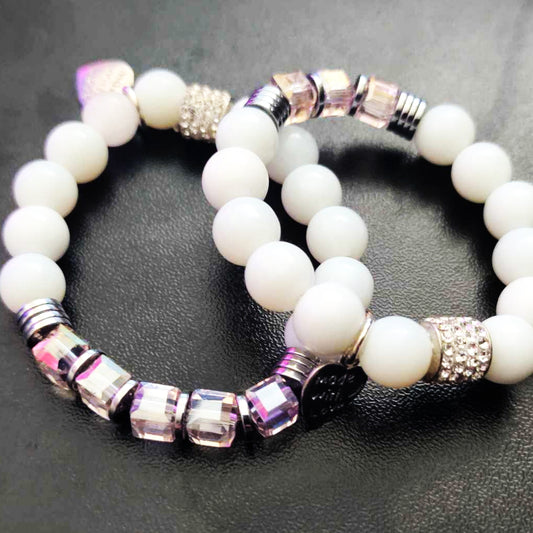 Snow Jade, Square Crystal, and Hematite Bracelet – “Made With Love” Embellishment