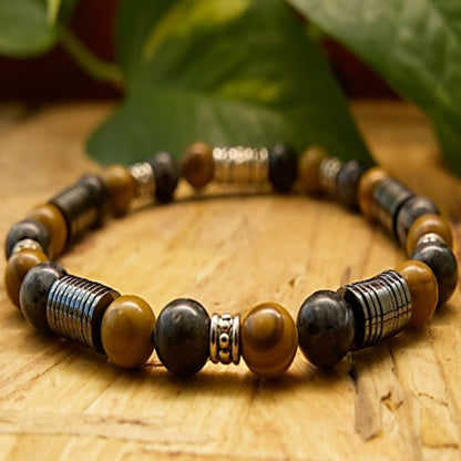 Grey Leopard Skin Jasper, Hematite, and Green Sandalwood Mala Bracelet – Spiritual Balance