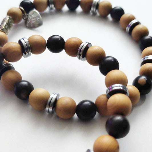 Tiger Ebony Mala, Fragrant Thuja Sutchuenensis Mala and Hematite Stretch Bracelet – Natural Elegance