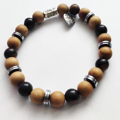 Stretch Bracelet | Hematite, Tiger Ebony Mala, and Fragrant Thuja Sutchuenensis Mala Beads