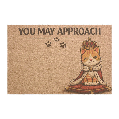 Whimsical and stylish cat welcome mat with a royal cat design and humorous message, perfect for creating a fun and inviting entryway.
