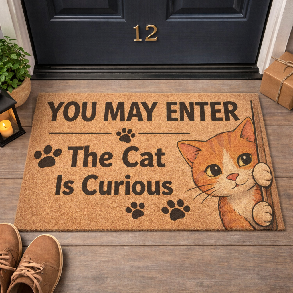 Doormat - "You May Enter, The Cat Is Curious" Cute Cat Welcome Mat