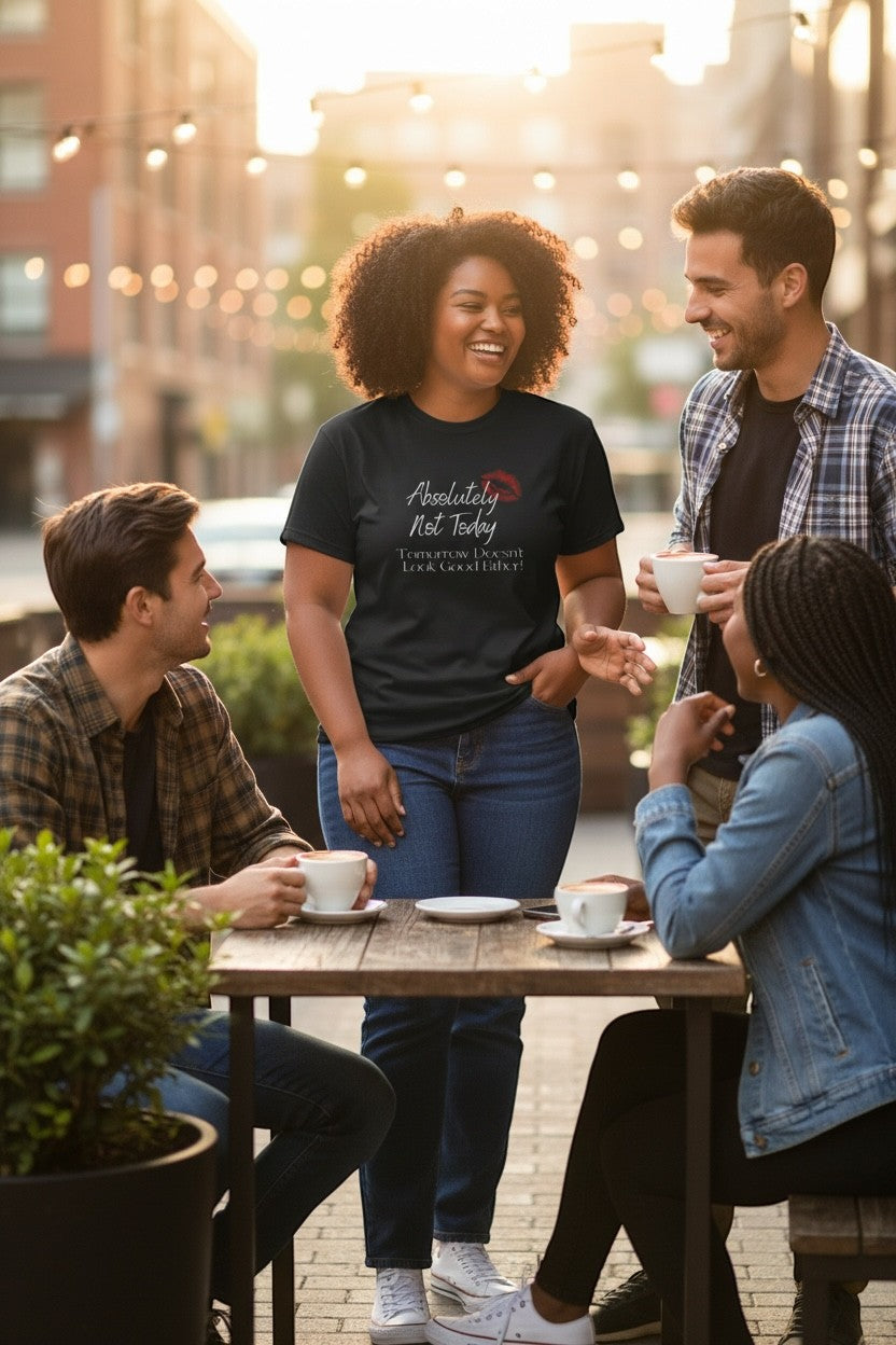 Woman wearing black “Absolutely Not Today” t-shirt while laughing with friends at an outdoor café.