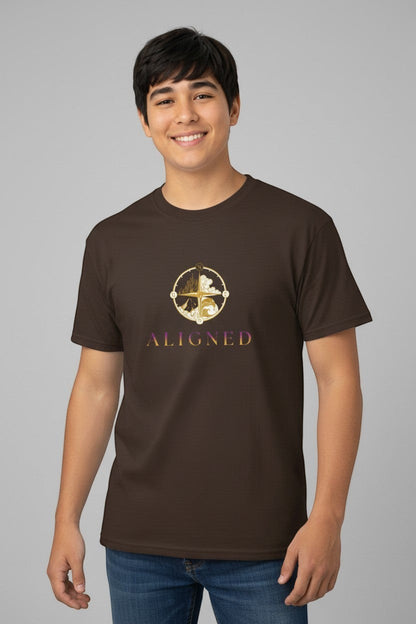 Man wearing dark brown “Aligned” t-shirt, a grounded and intentional everyday style.
