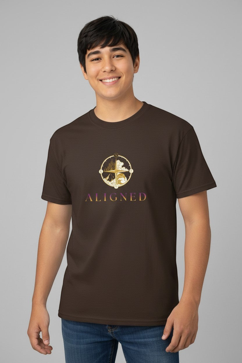 Man wearing dark brown “Aligned” t-shirt, a grounded and intentional everyday style.