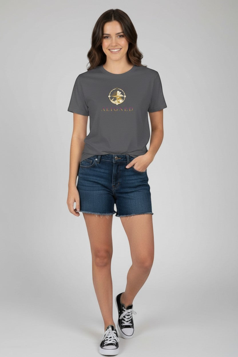 Woman wearing charcol grey“Aligned” t-shirt, a grounded and intentional everyday style.