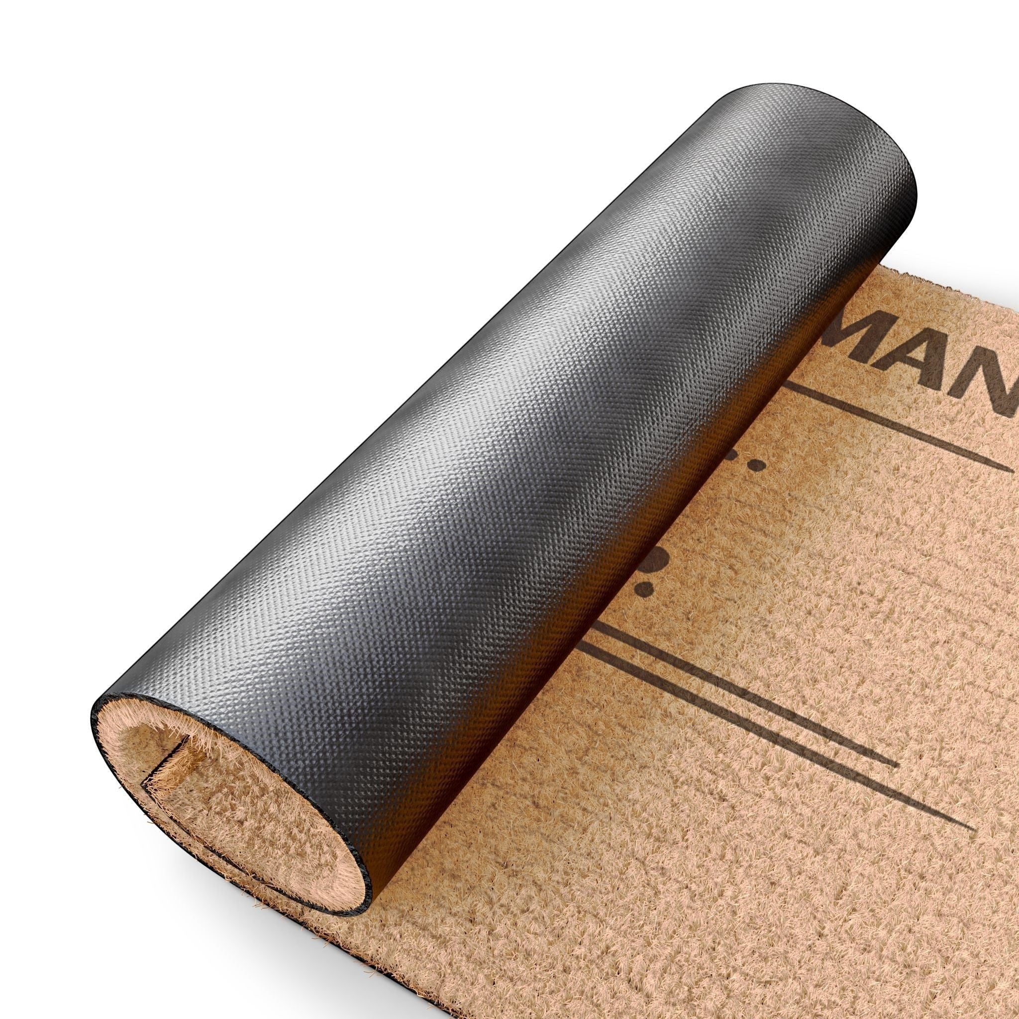 Close-up of “Another Human? Interesting…” doormat showing rolled design and non-slip backing for durability and quality.