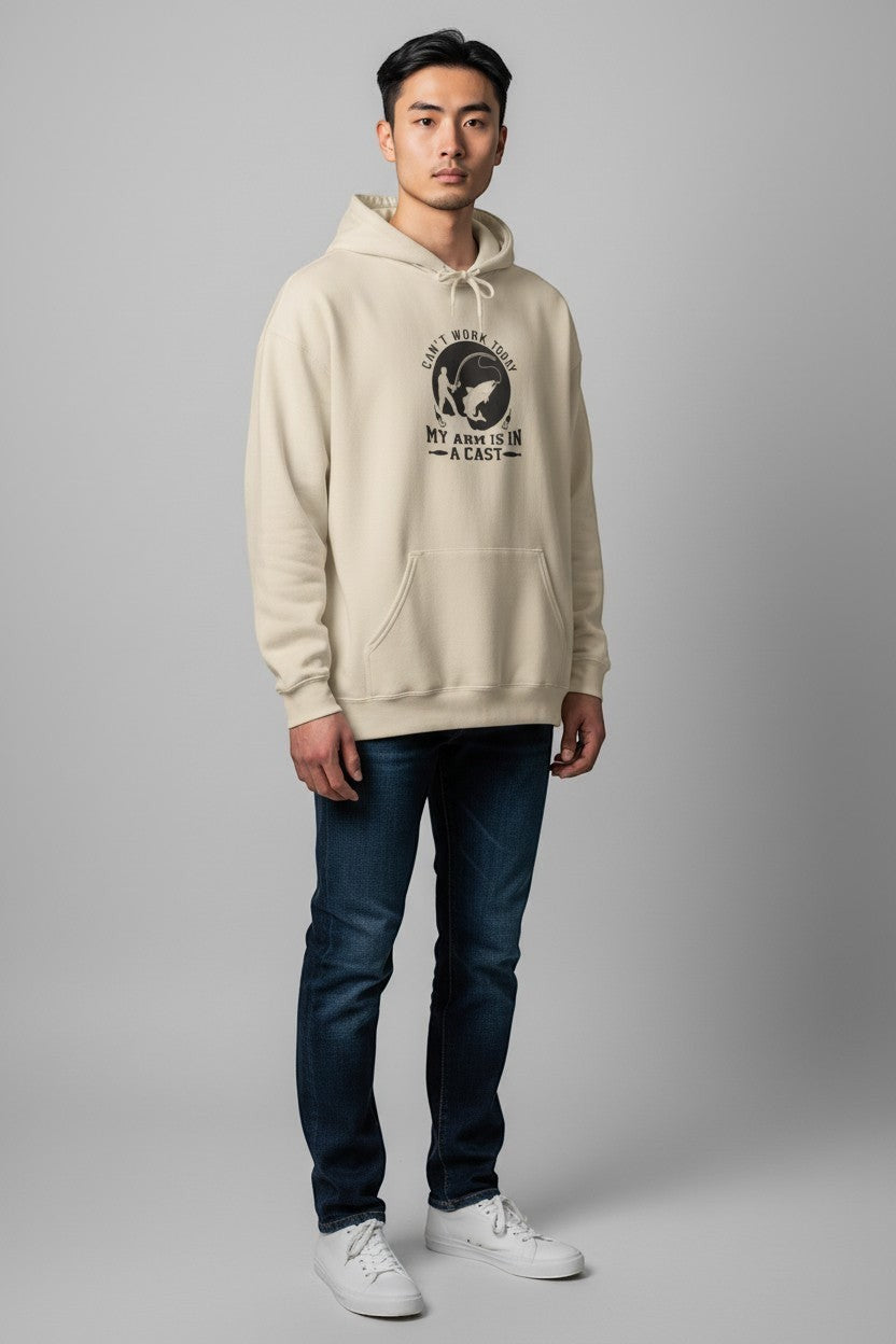 Man wearing beige hoodie, a versatile and cozy graphic sweatshirt for everyday casual style.