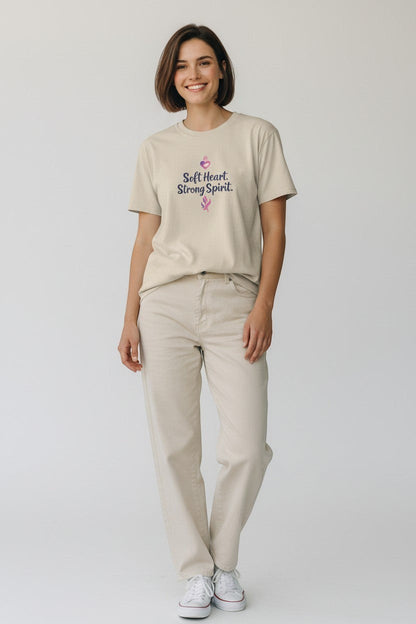 Woman wearing beige “Soft Heart Strong Spirit” t-shirt, a soft and calming aesthetic everyday outfit.