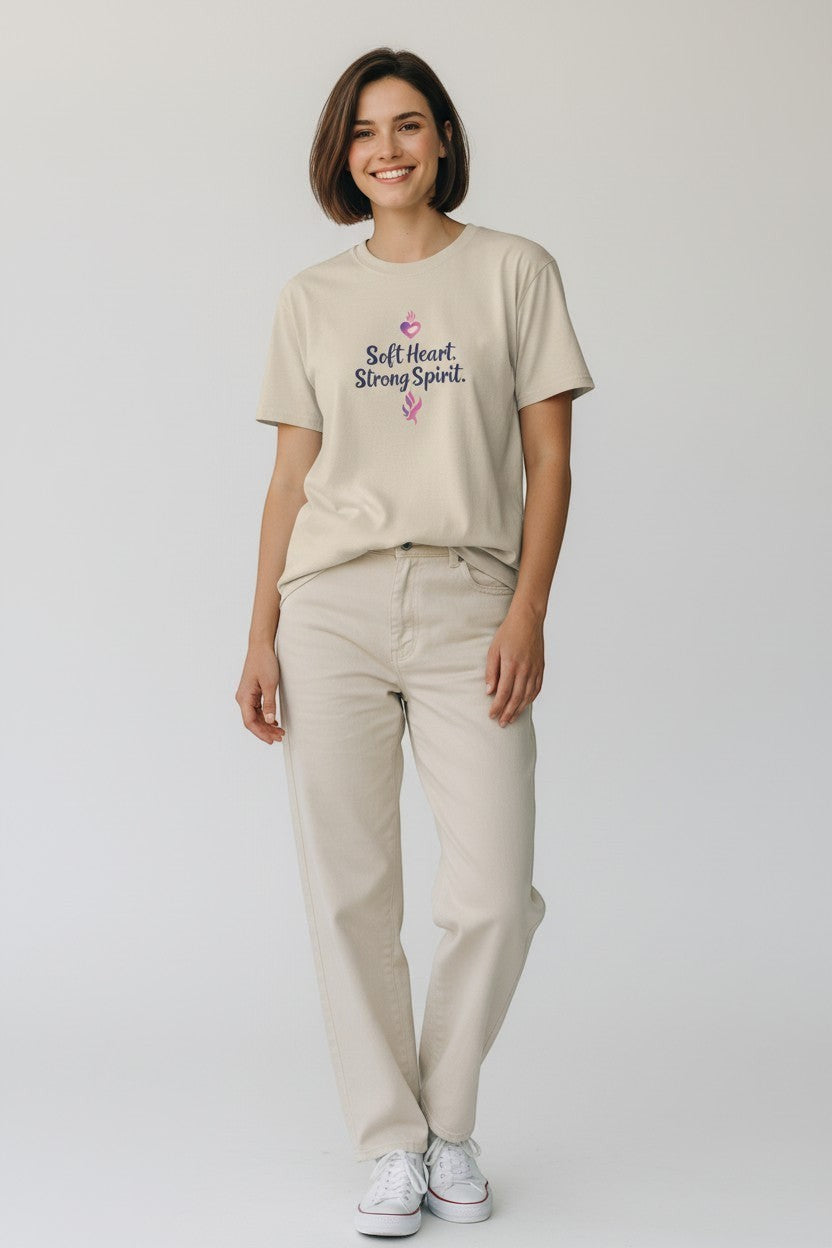Woman wearing beige “Soft Heart Strong Spirit” t-shirt, a soft and calming aesthetic everyday outfit.