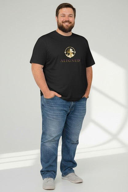 Man wearing black “Aligned” t-shirt, a bold and clean minimalist outfit.