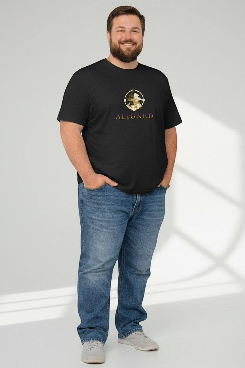 Man wearing black “Aligned” t-shirt, a bold and clean minimalist outfit.