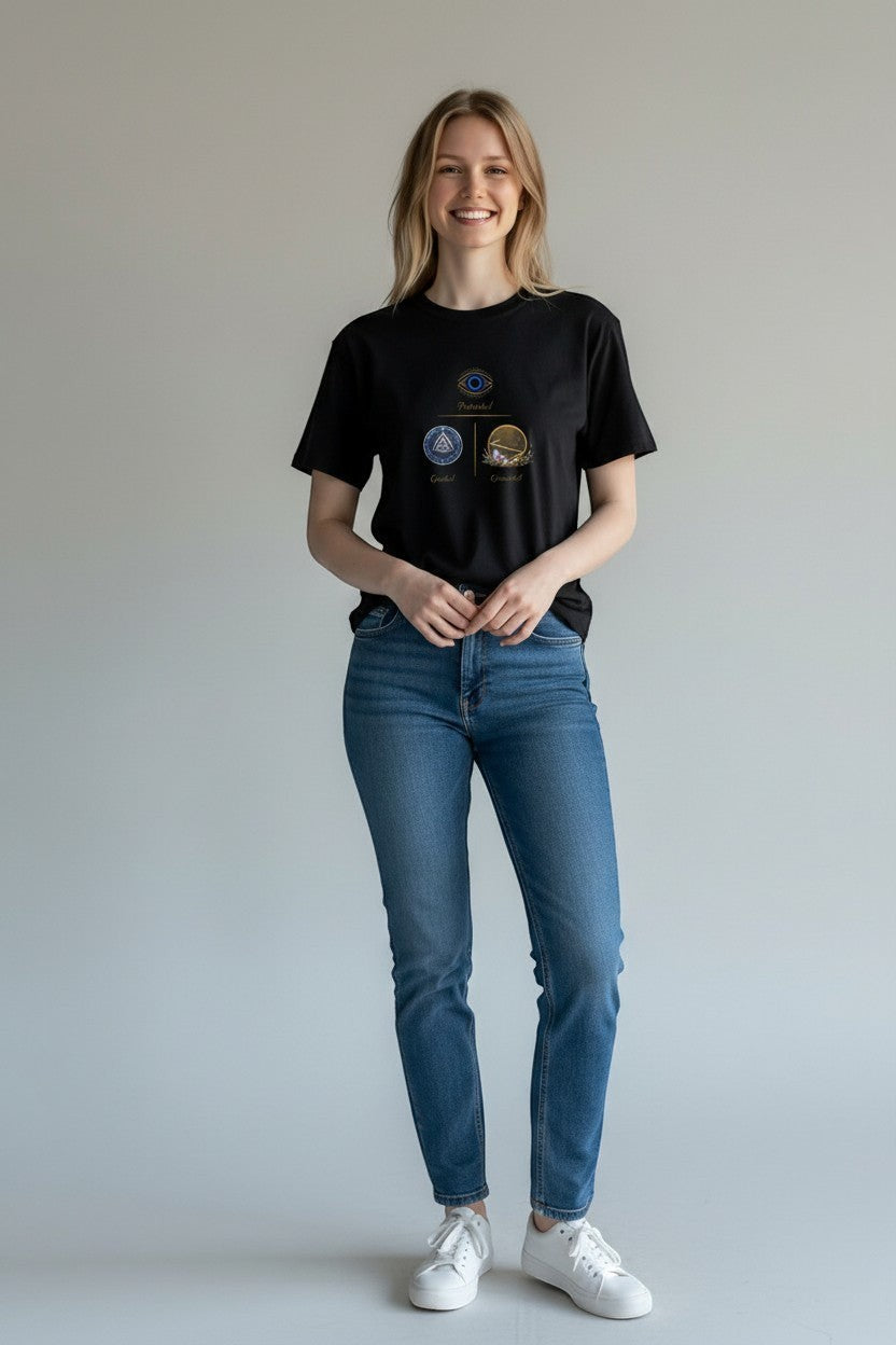 Woman wearing black t-shirt with symbolic graphic artwork, a strong and versatile everyday style.