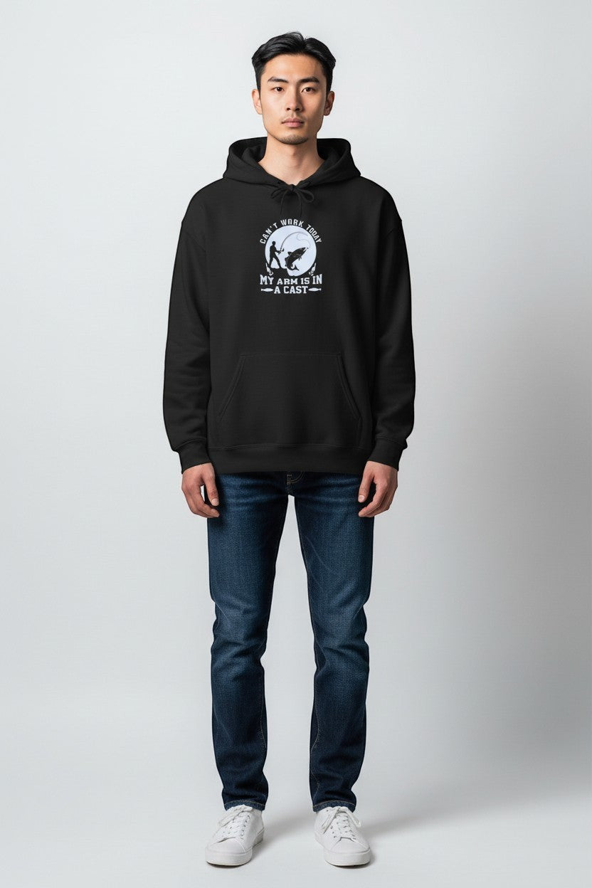 Person wearing black hoodie with graphic design, perfect for a clean and casual look.