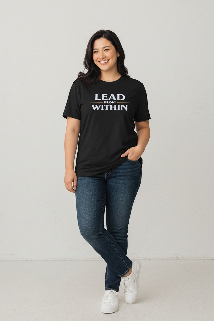 Woman wearing black “Lead From Within” t-shirt, a sleek and versatile empowering outfit.