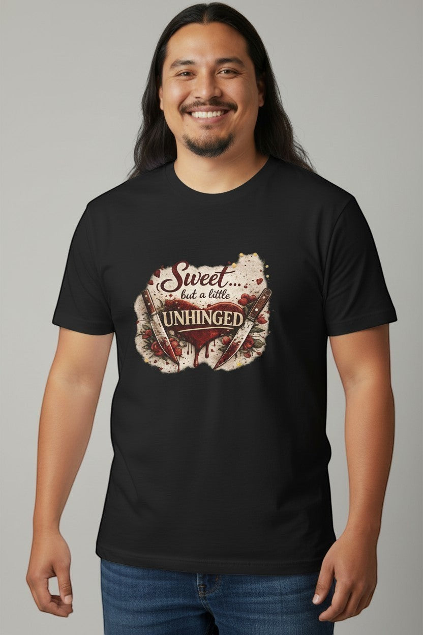 Man wearing black “Sweet but a Little Unhinged” shirt, a bold graphic tee for standout looks.