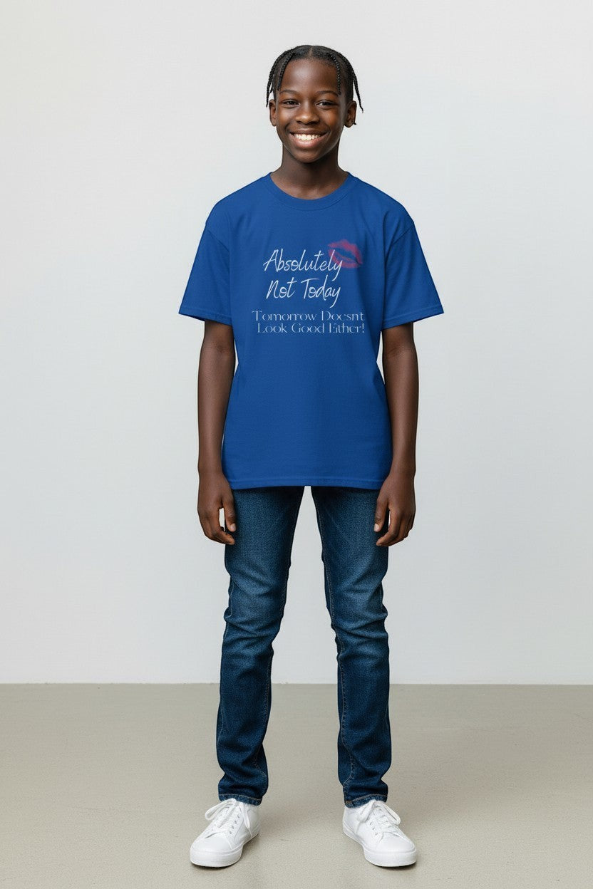 Woman wearing royal blue “Absolutely Not Today” t-shirt, a fun and confident everyday style.