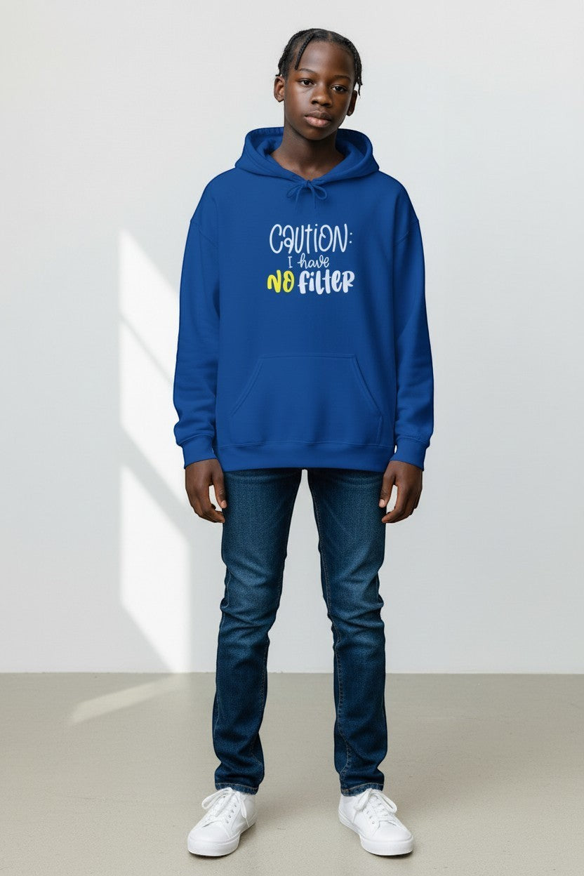 Youth wearing blue “Caution I Have No Filter” hoodie, a fun and casual sweatshirt for everyday wear.