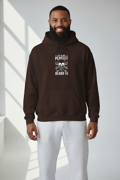 Bearded man wearing brown beard humor hoodie, a rugged and masculine look.