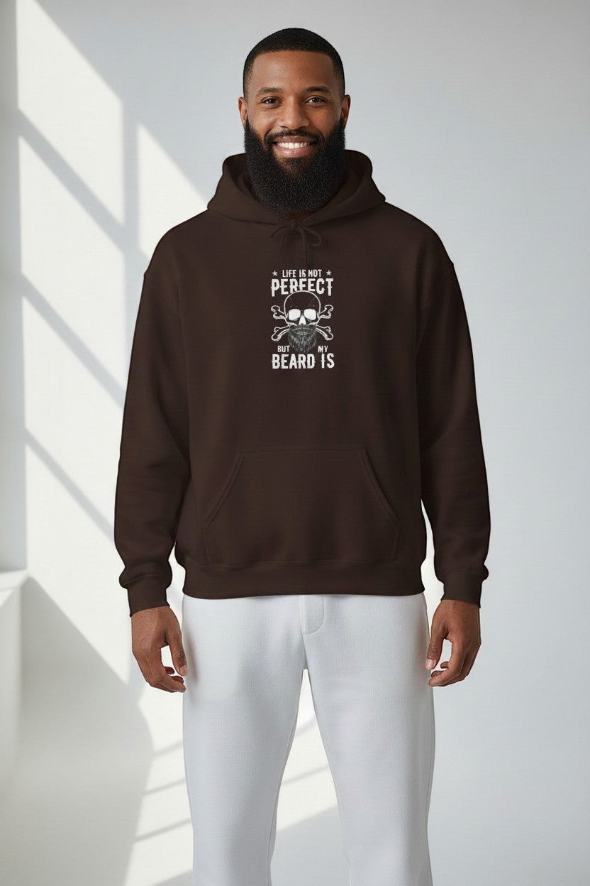 Bearded man wearing brown beard humor hoodie, a rugged and masculine look.