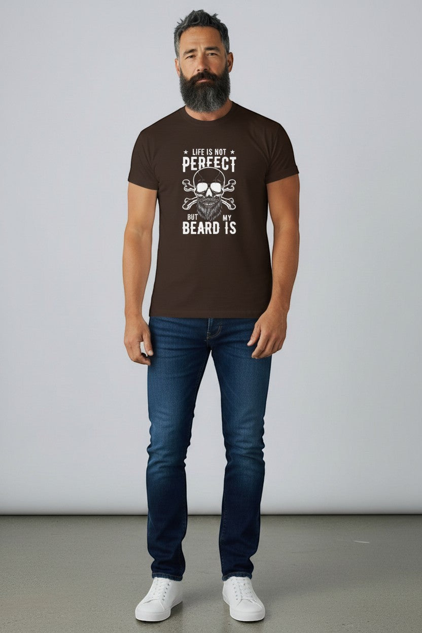 Bearded man wearing brown “Life is not perfect but my beard is” t-shirt, a rugged casual outfit.