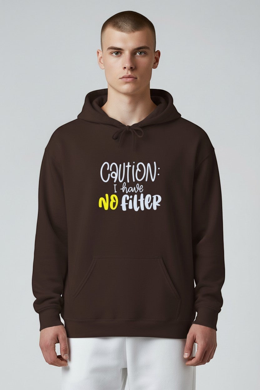 Man wearing brown “Caution I Have No Filter” hoodie, a comfortable and humorous everyday sweatshirt.
